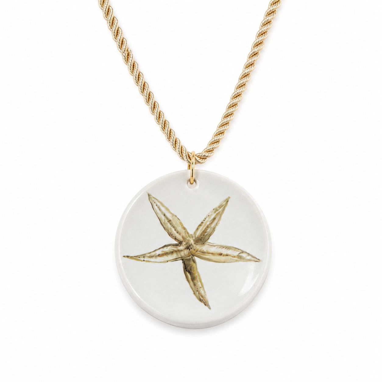 Starfish Porcelain Pendant Necklace | Coastal Beach Jewelry | Gold Rope Necklace