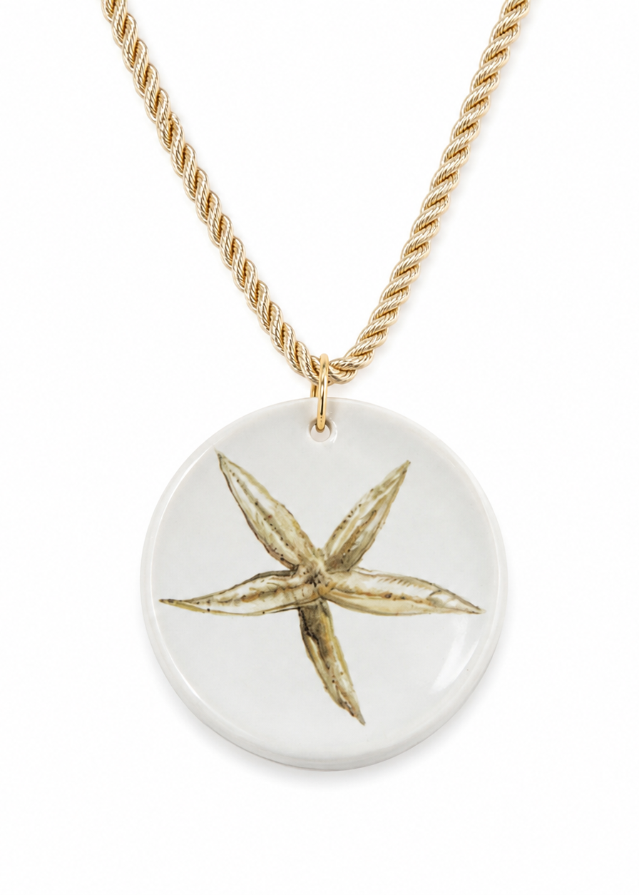 Starfish Porcelain Pendant Necklace | Coastal Beach Jewelry | Gold Rope Necklace