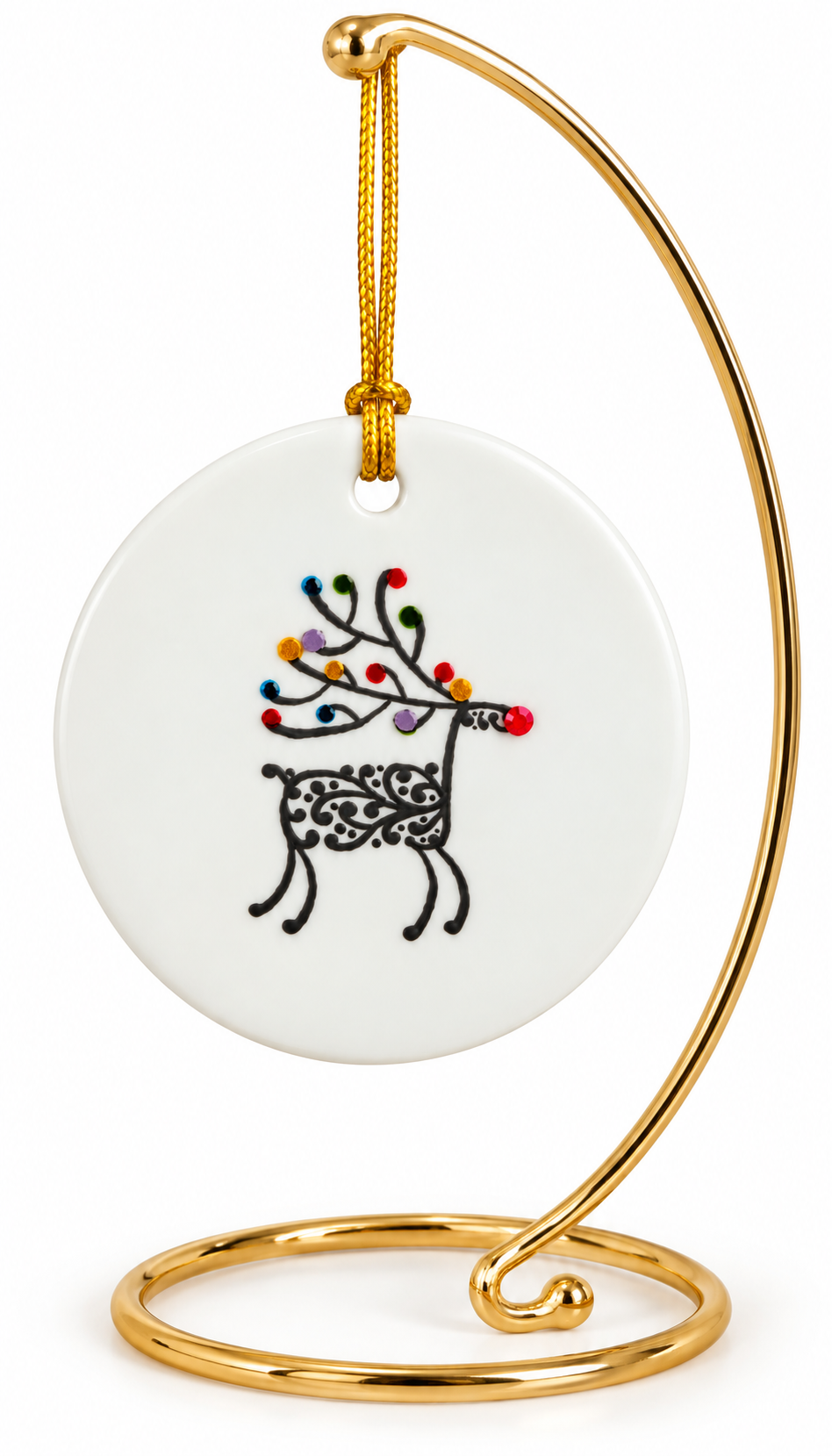 Hand-Painted Jeweled Reindeer Porcelain Christmas Ornament