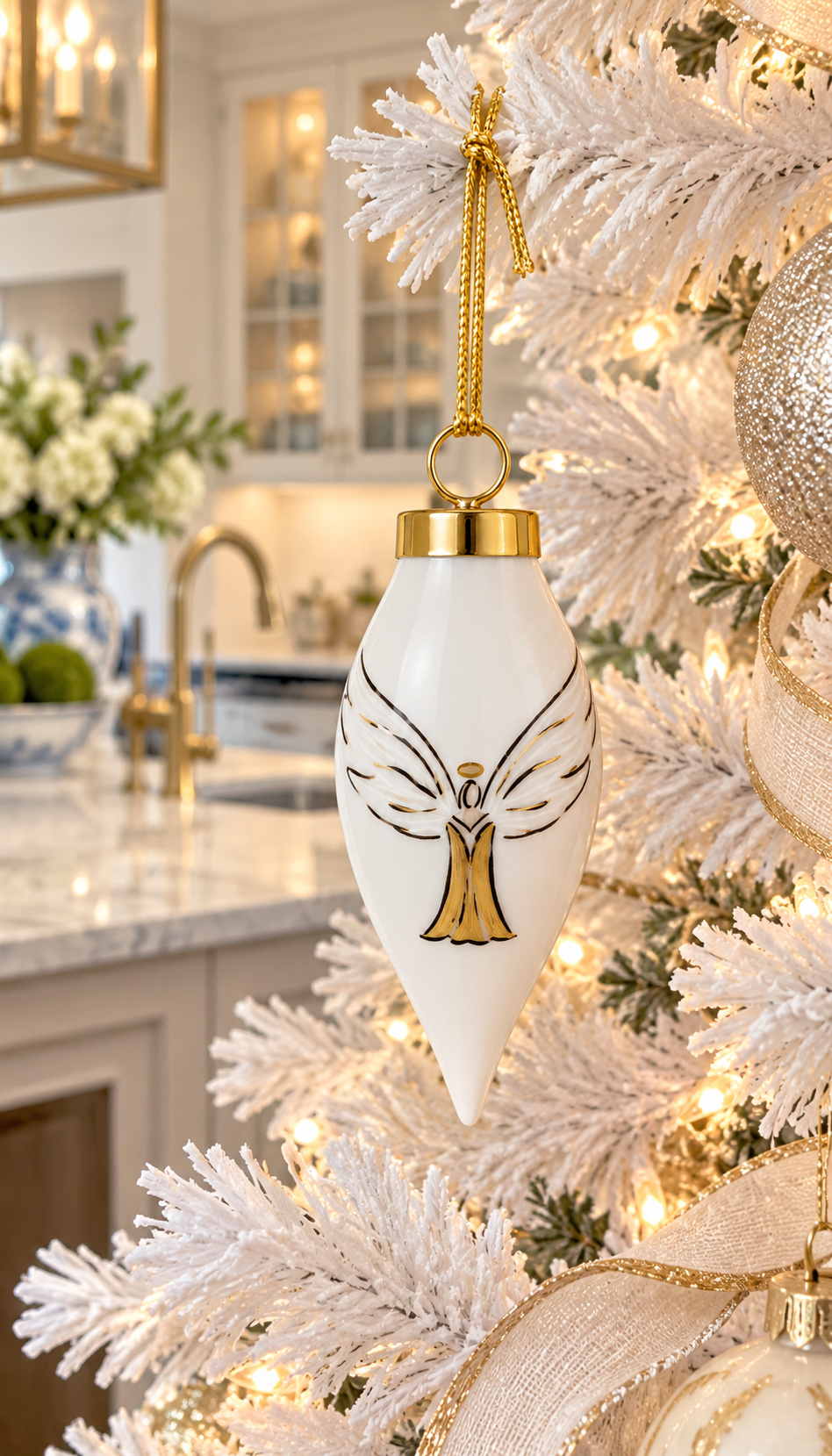 Hand-Painted Porcelain Angel Christmas Ornament – Gold & White