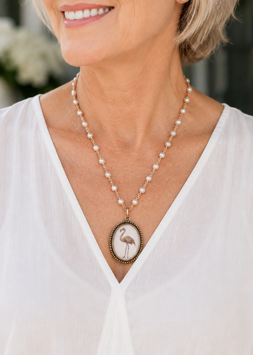 Hand-Painted Flamingo Porcelain Pearl Necklace
