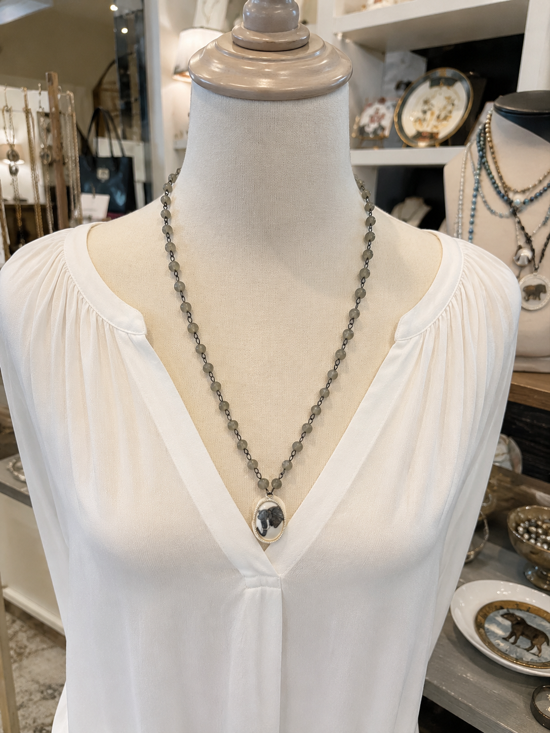 Hand-Painted Elephant Porcelain Pendant Necklace | Gray Beaded Statement Necklace