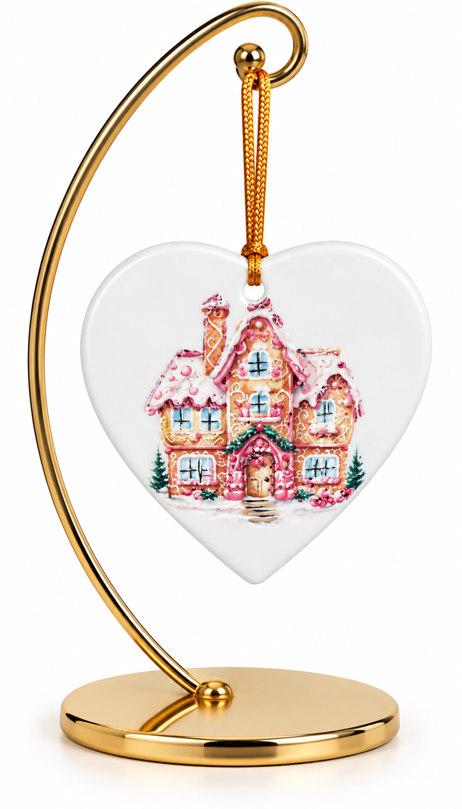 Hand-Painted Pink Gingerbread House Porcelain Heart Christmas Ornament