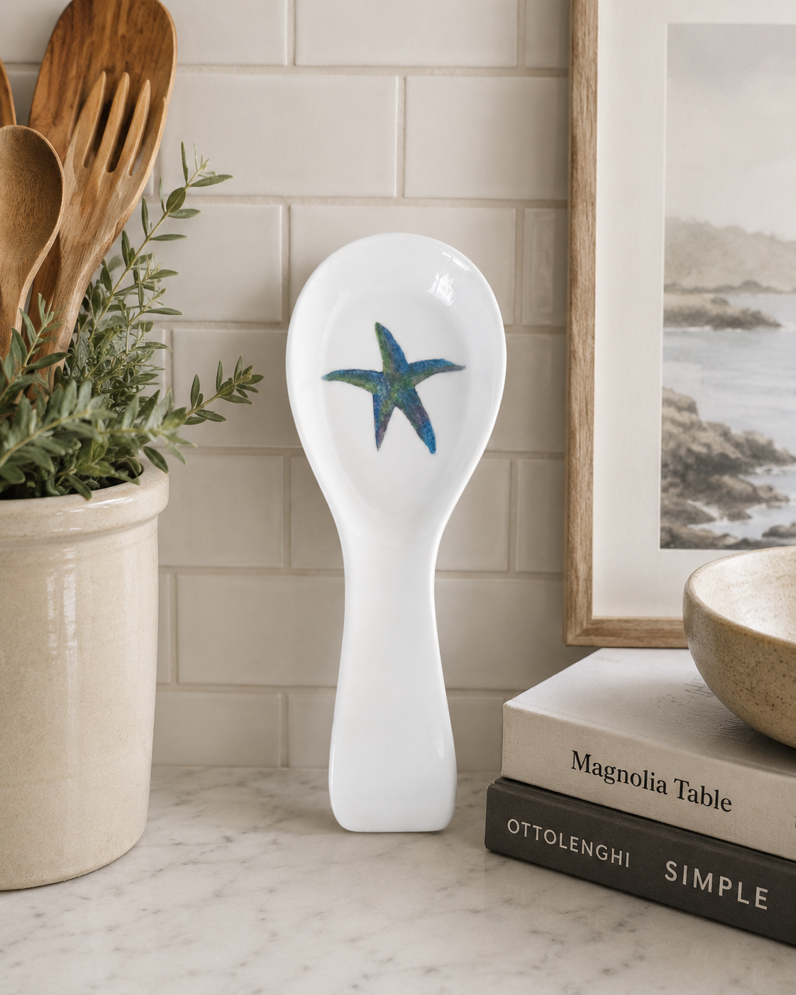 Hand-Painted Starfish Porcelain Spoon Rest – Coastal Kitchen Countertop Décor