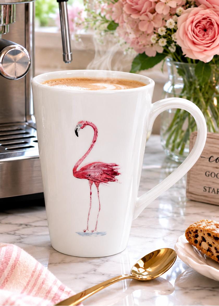 Hand-Painted Pink Flamingo Porcelain Mug | Coastal Coffee Cup
