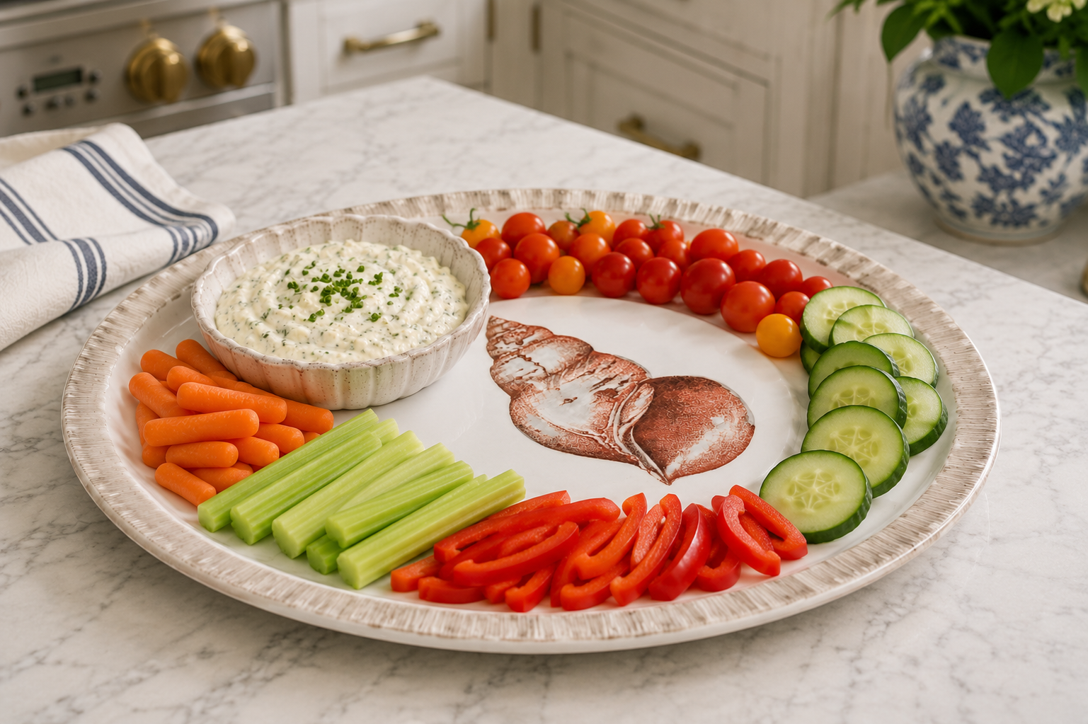 Hand-Painted Coastal Seashell Platter with Fresh Veggies & Dip