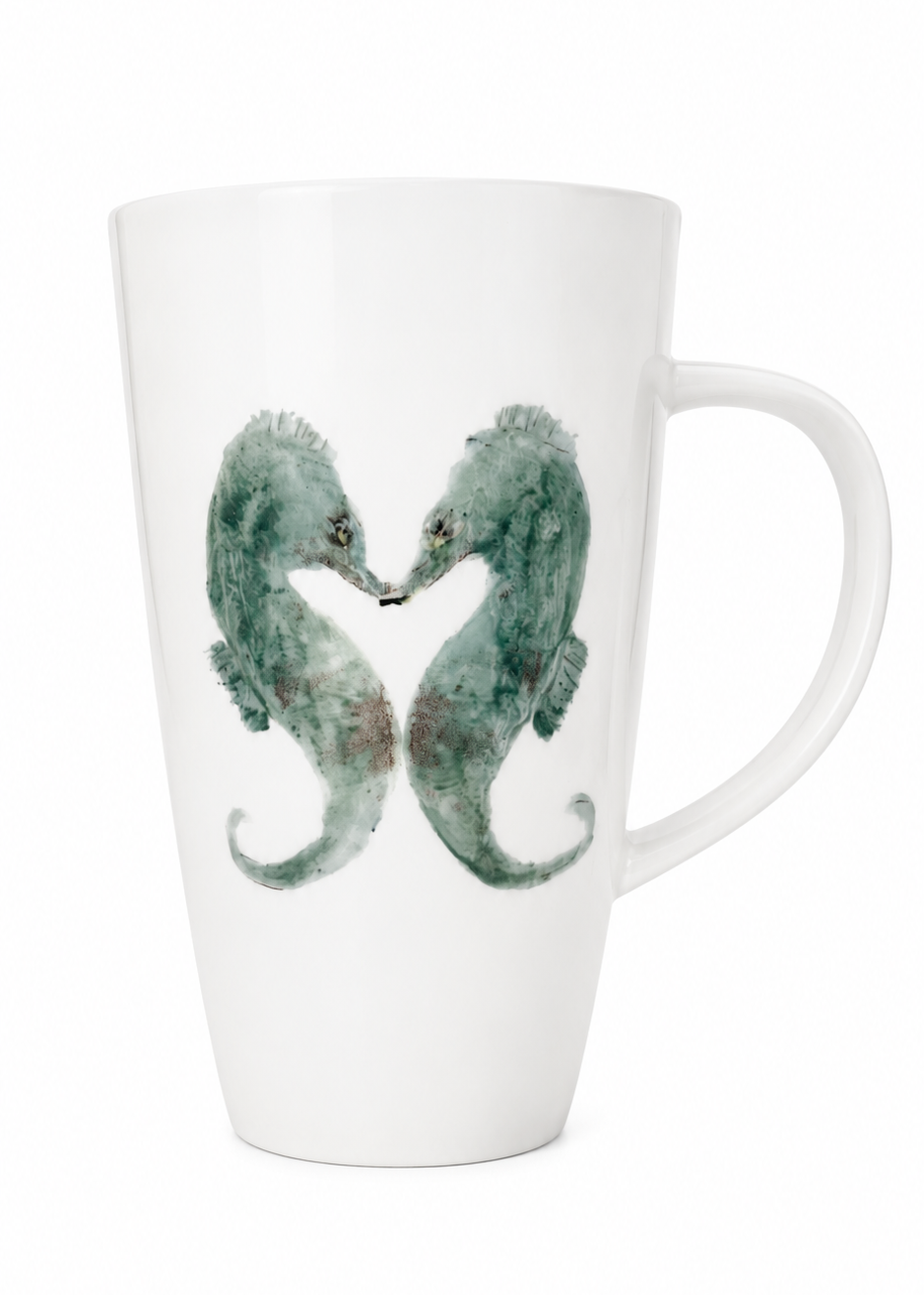 Hand-Painted Seahorse Latte Mug – Coastal Porcelain Coffee Mug