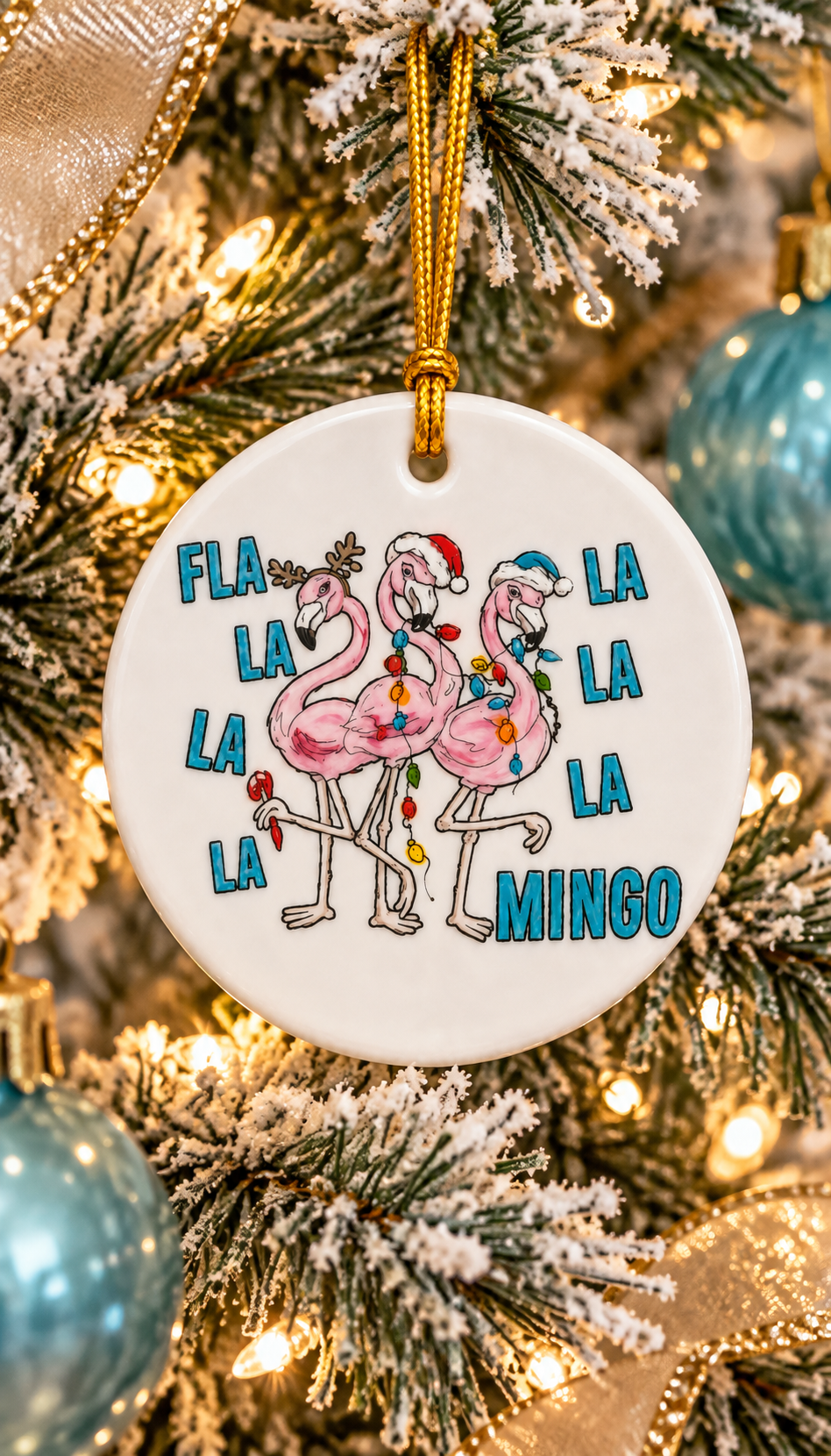 Hand-Painted Fla La La Mingo Flamingo Porcelain Christmas Ornament