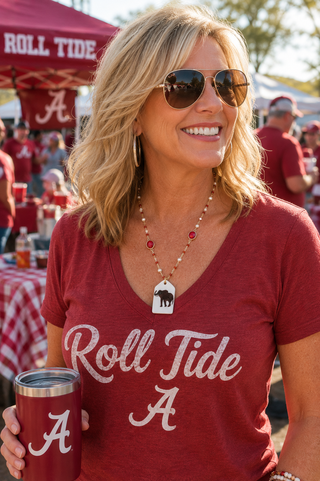 Hand-Painted Alabama Elephant Porcelain Necklace | Crimson Game Day Jewelry | Roll Tide