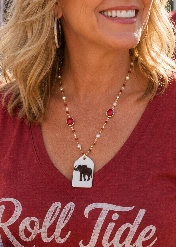 Hand-Painted Alabama Elephant Porcelain Necklace | Crimson Game Day Jewelry | Roll Tide