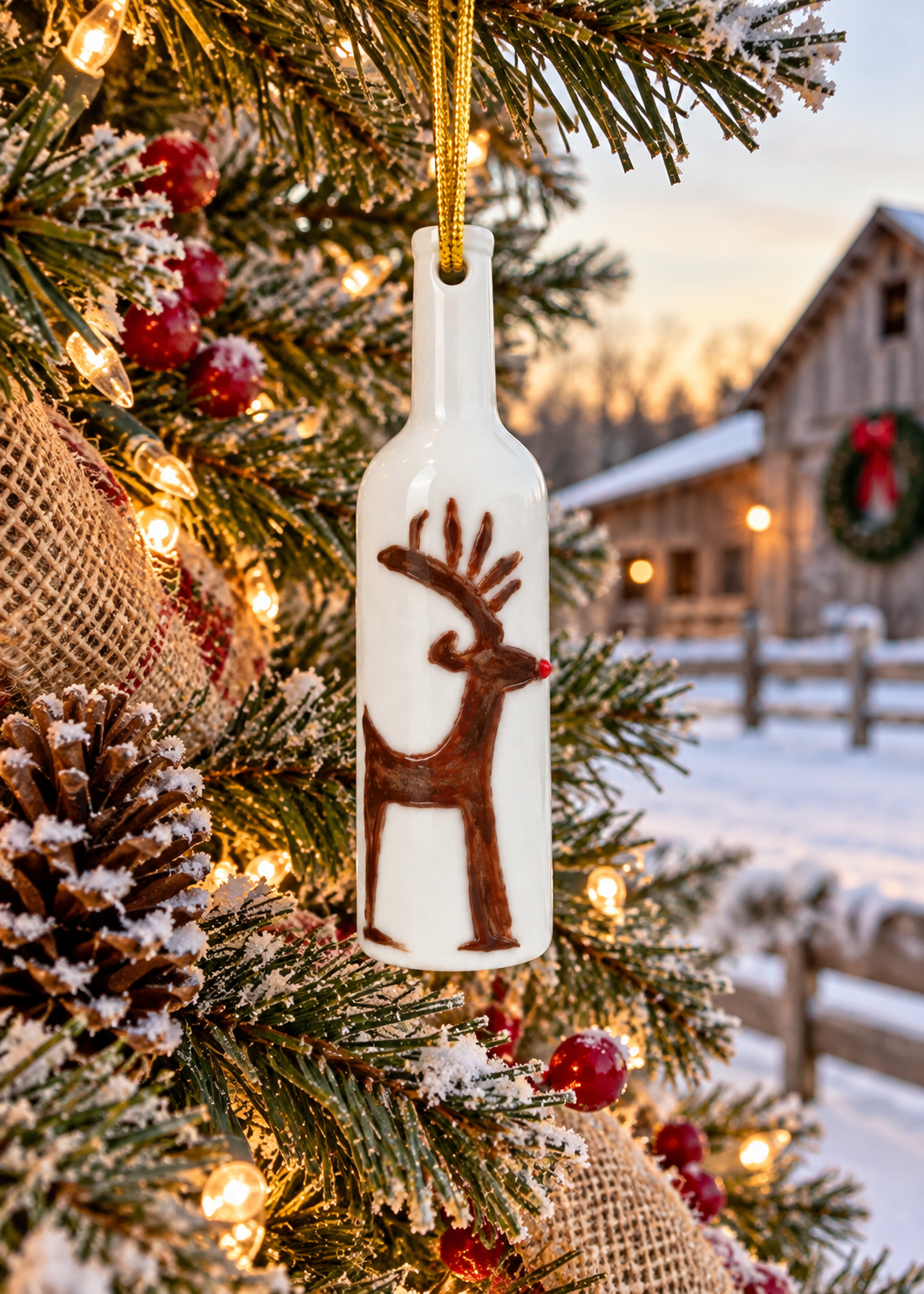 Hand-Painted Rudolph Reindeer Porcelain Bottle Ornament