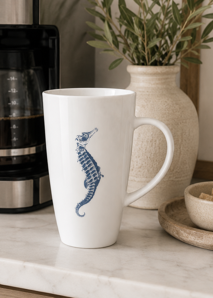 Hand-Painted Blue Seahorse Porcelain Latte Mug – Coastal Coffee Mug
