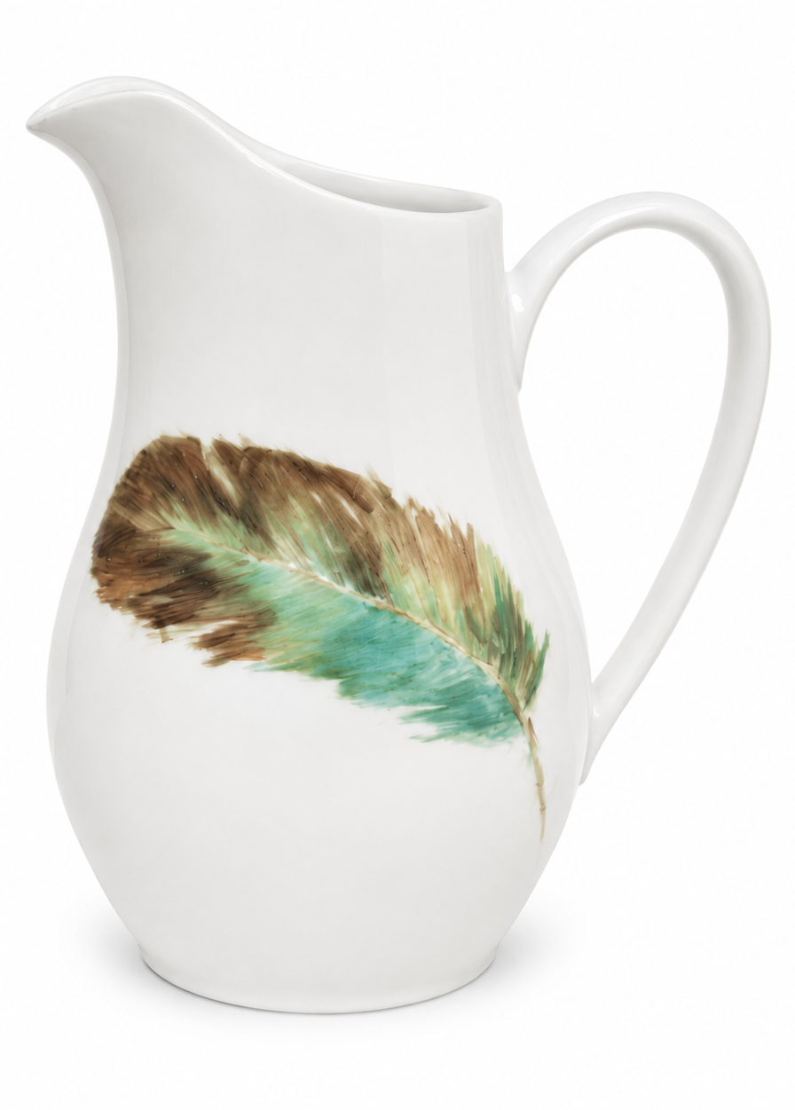 Hand-Painted Feather Porcelain Pitcher – Rustic Farmhouse Serving & Decorative Vase