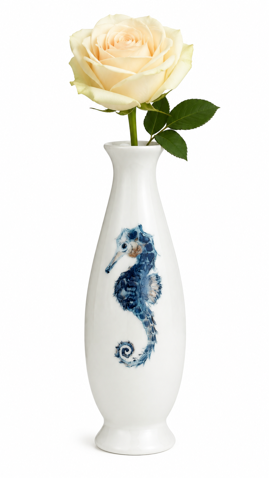 Hand-Painted Seahorse Porcelain Bud Vase with White Rose