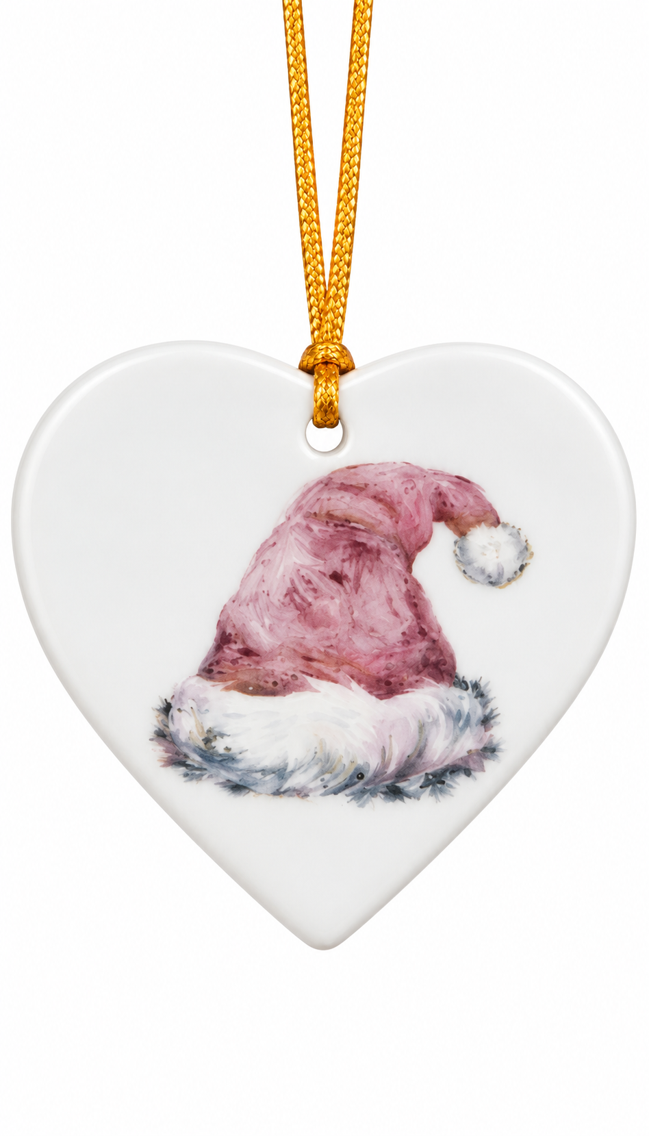 Hand-Painted Pink Santa Hat Porcelain Heart Christmas Ornament