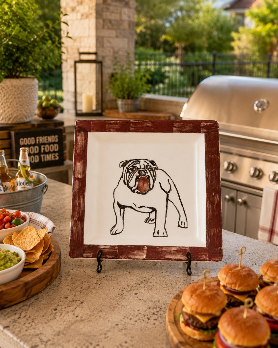 Hand-Painted Bulldog Square Porcelain Platter – Outdoor Entertaining