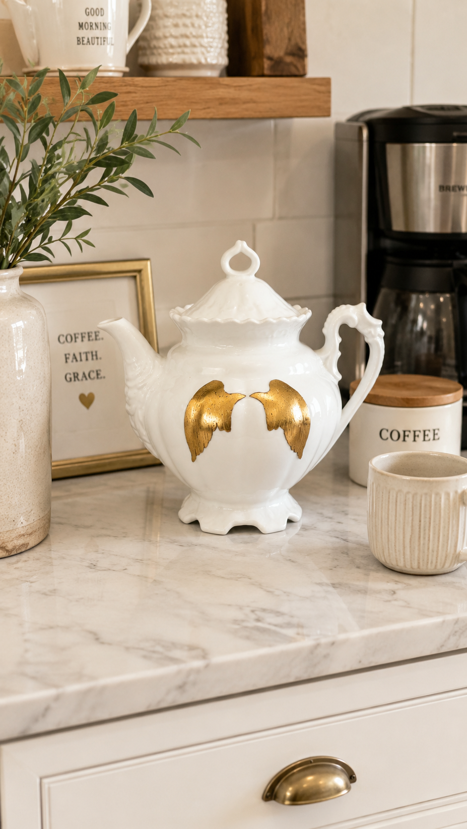 Hand-Painted Angel Wing Porcelain Teapot