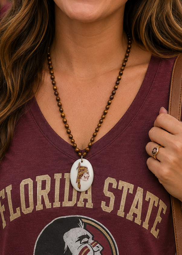 Florida State Seminoles Hand-Painted Porcelain Pendant Necklace – Garnet Pearl Game Day Jewelry