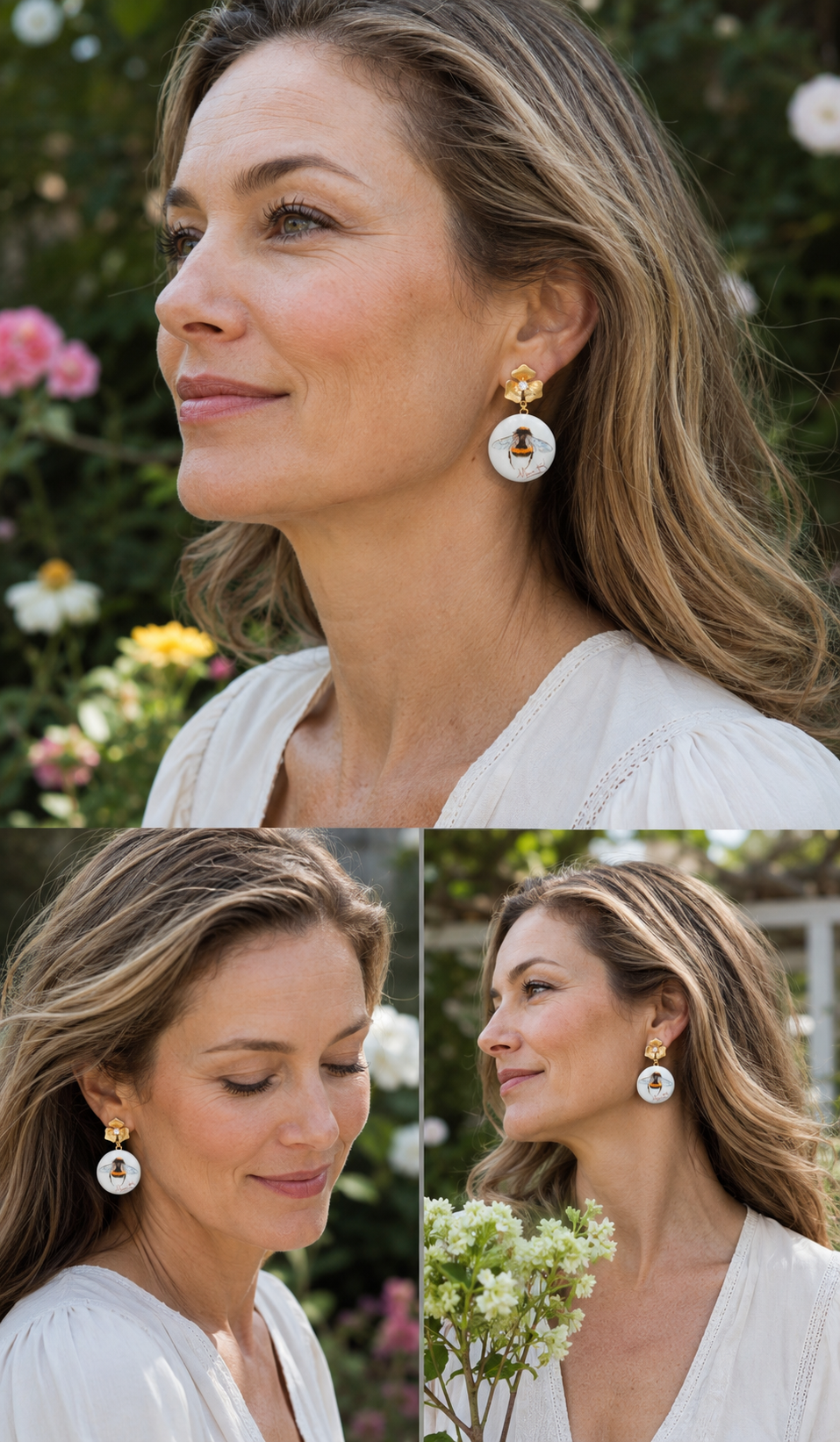 Garden Bee Porcelain Pendant Earrings – Hand-Painted Elegance in Bloom