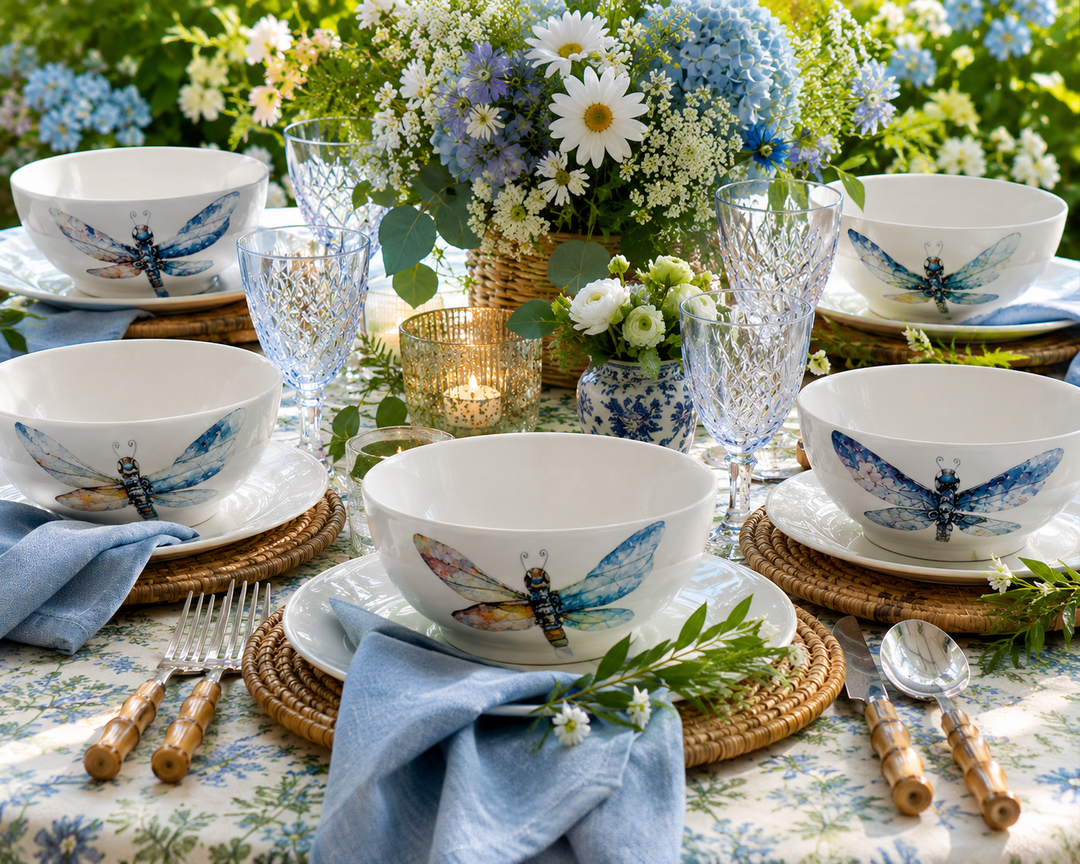 Garden Dragonfly Porcelain Bowl Collection – Elegant Outdoor Tablescape