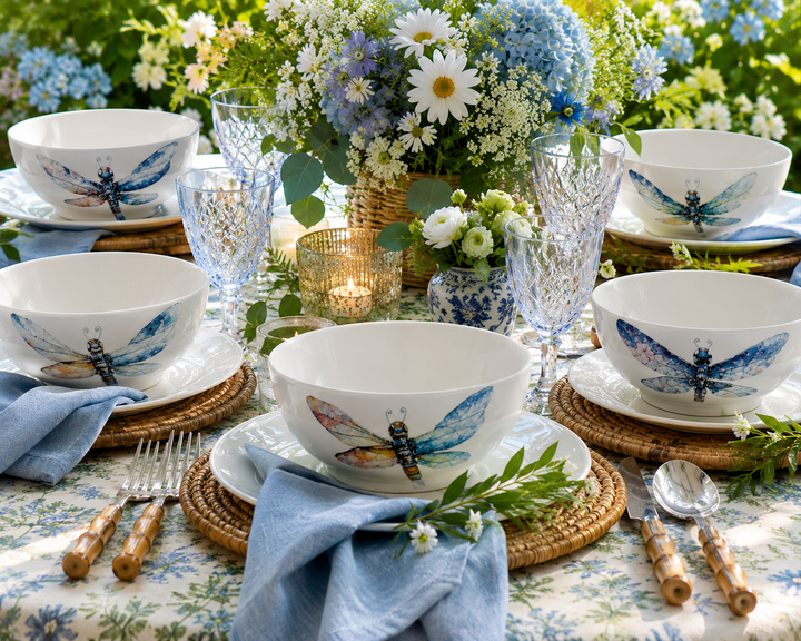 Garden Dragonfly Porcelain Bowl Collection – Elegant Outdoor Tablescape