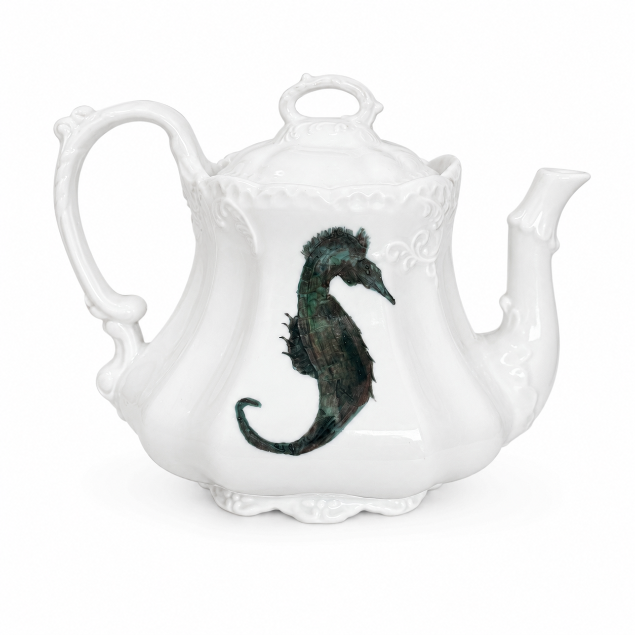 Hand-Painted Seahorse Porcelain Teapot – Elegant Coastal Tea Server