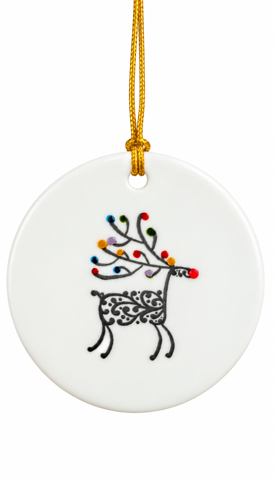 Hand-Painted Jeweled Reindeer Porcelain Christmas Ornament