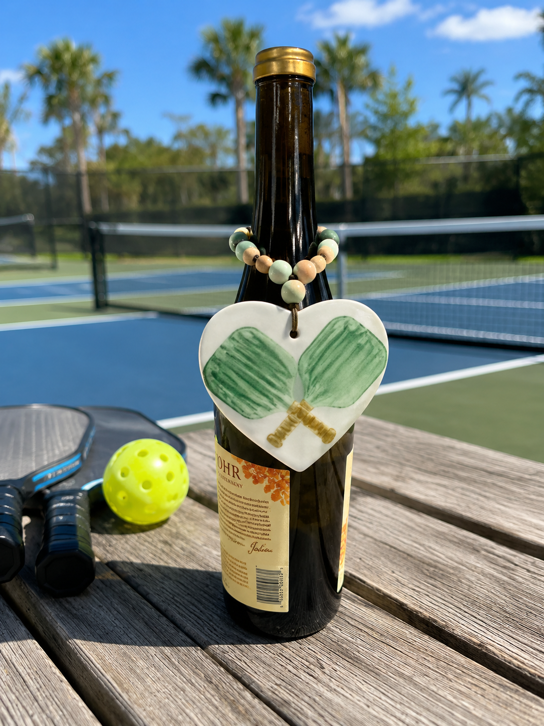 Pickleball Heart Wine Bottle Charm – Hand Painted Porcelain Gift by MadebyMonaH