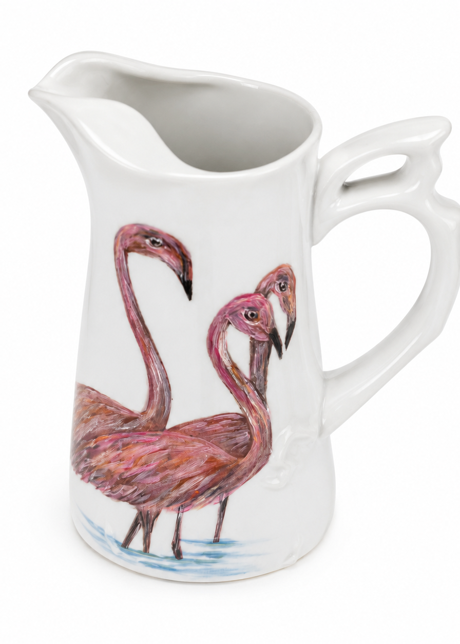 Hand-Painted Flamingo Porcelain Pitcher – Coastal Entertaining & Tea Party Serving Piece