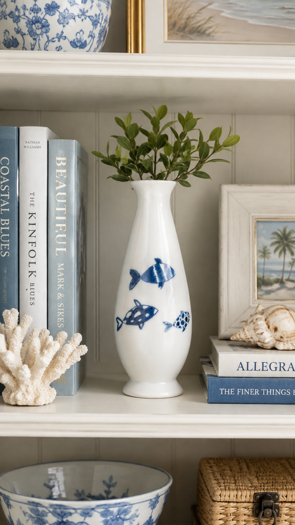 Hand-Painted Blue Fish Porcelain Bud Vase
