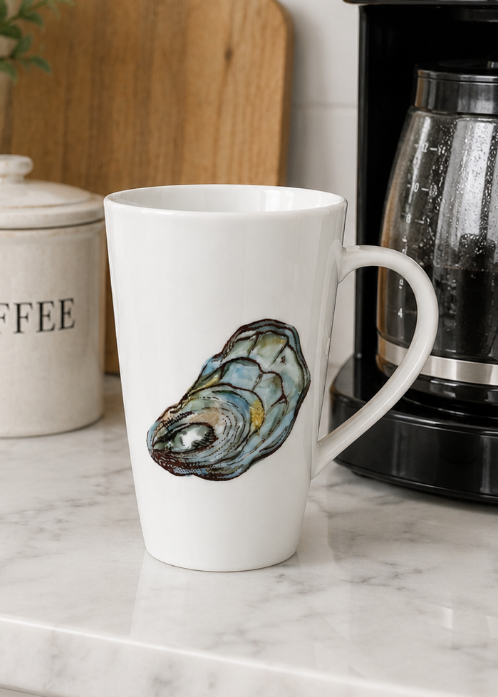 Coastal Hand Painted Oyster Shell Porcelain Latte Coffee Mug