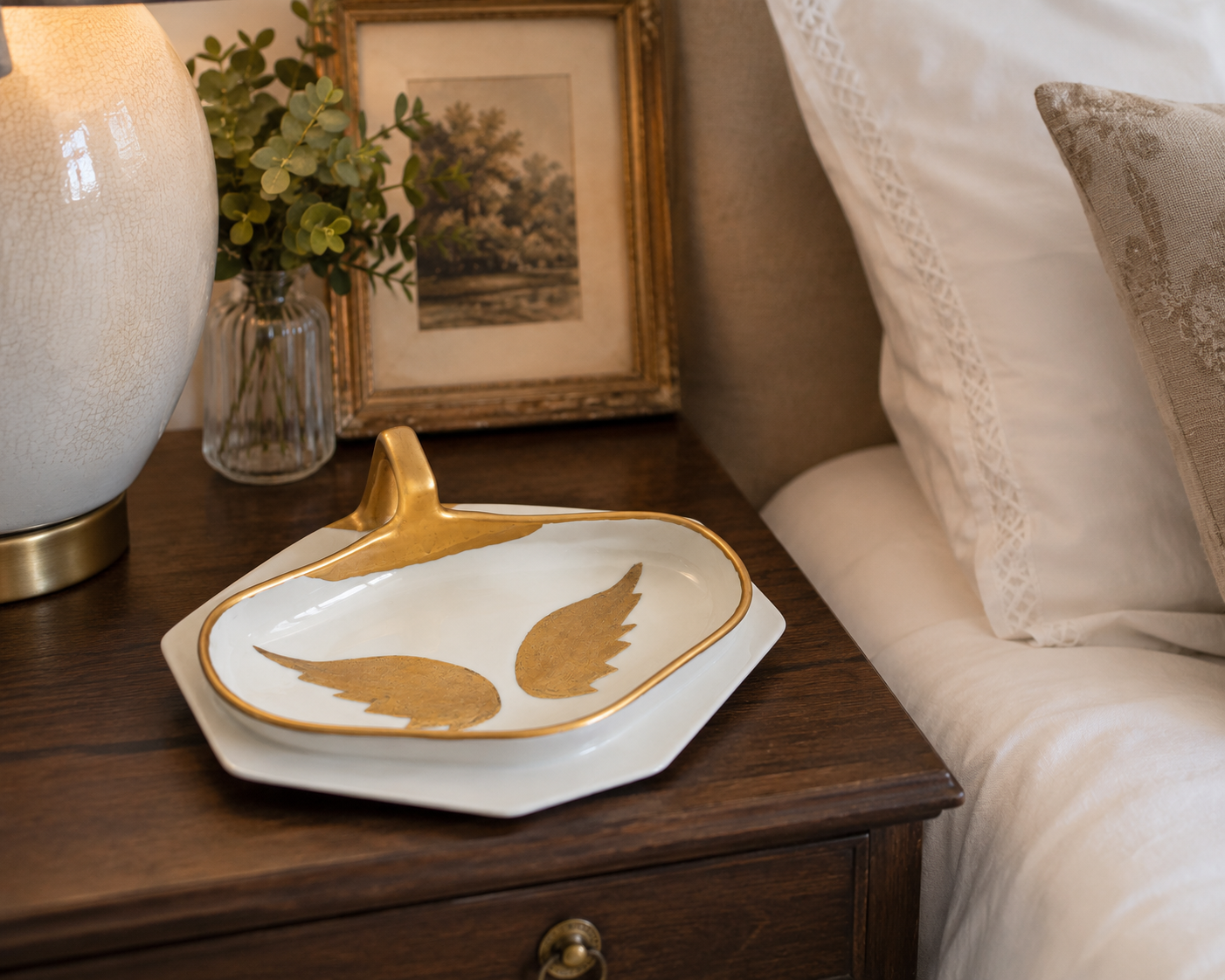 Hand-Painted Gold Angel Wings Porcelain Trinket Tray