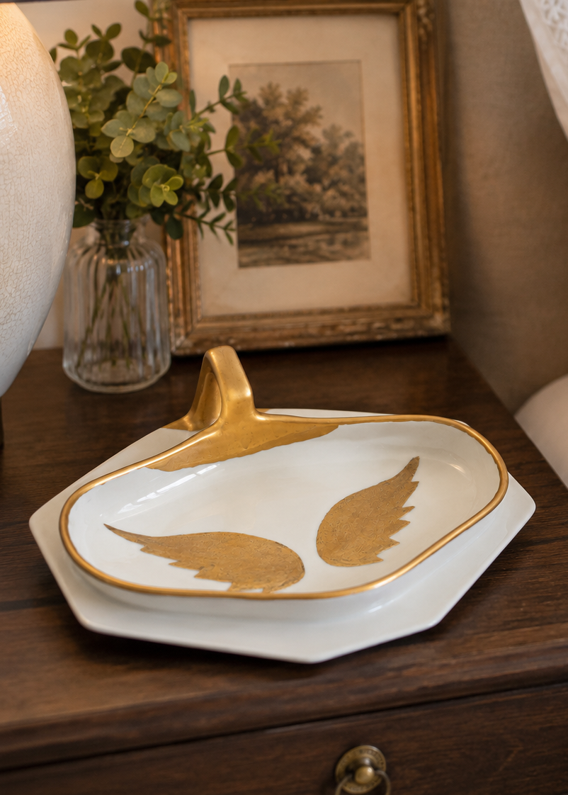Hand-Painted Gold Angel Wings Porcelain Trinket Tray