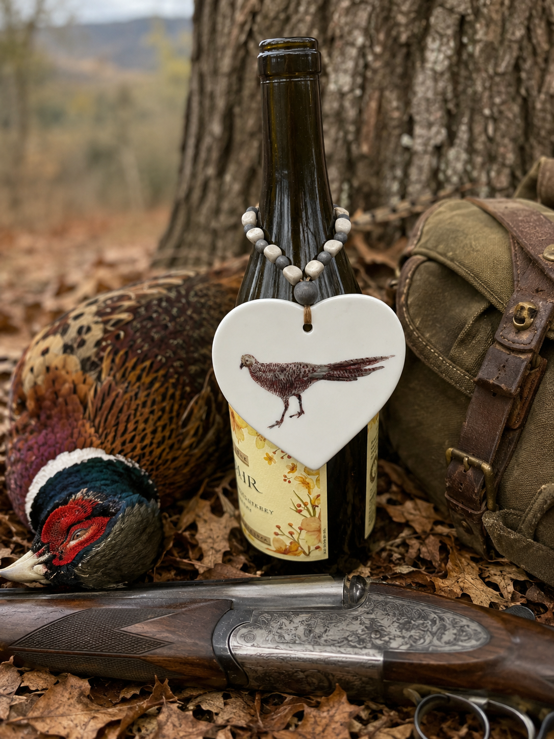 Pheasant Heart Porcelain Wine Bottle Tag – Hand Painted Hunting Gift by MadebyMonaH