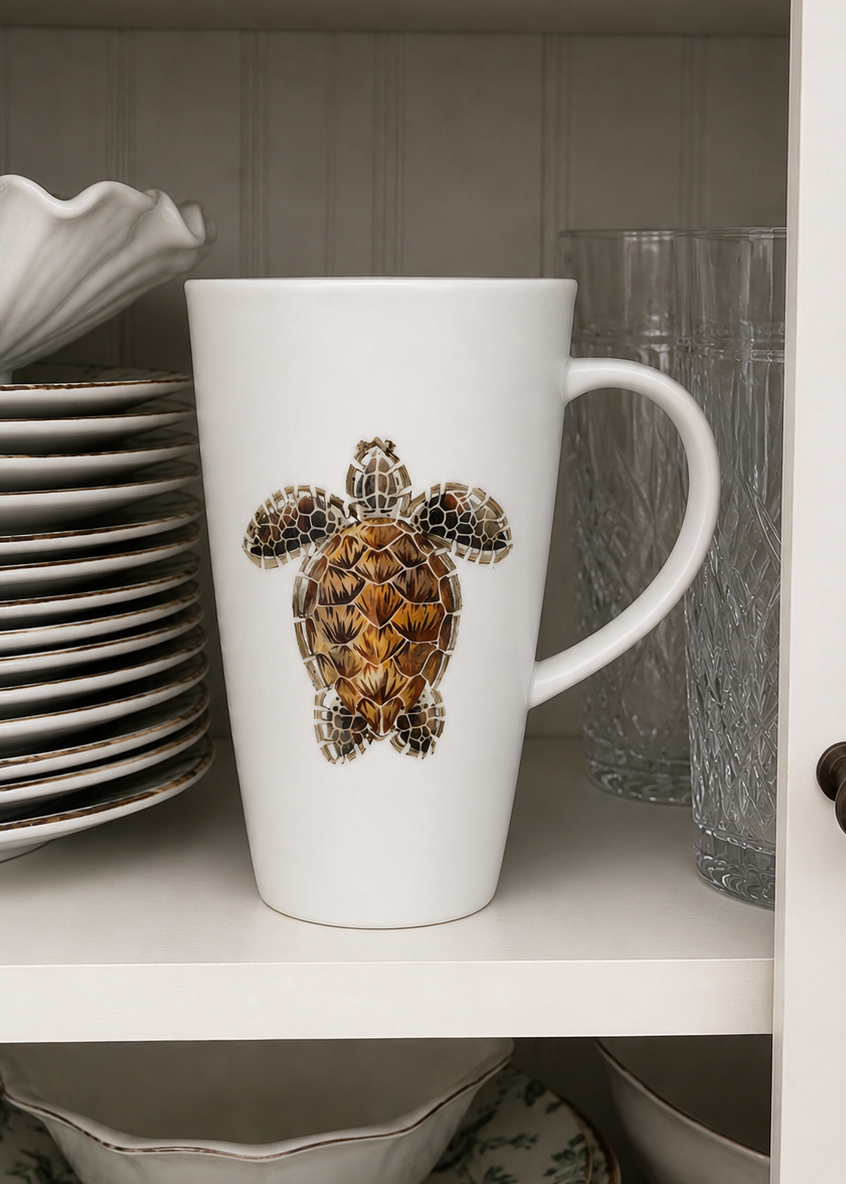 Hand-Painted Sea Turtle Latte Mug in a Coastal Kitchen