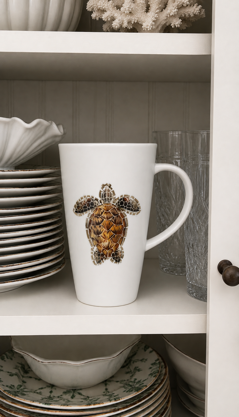 Hand-Painted Sea Turtle Latte Mug in a Coastal Kitchen