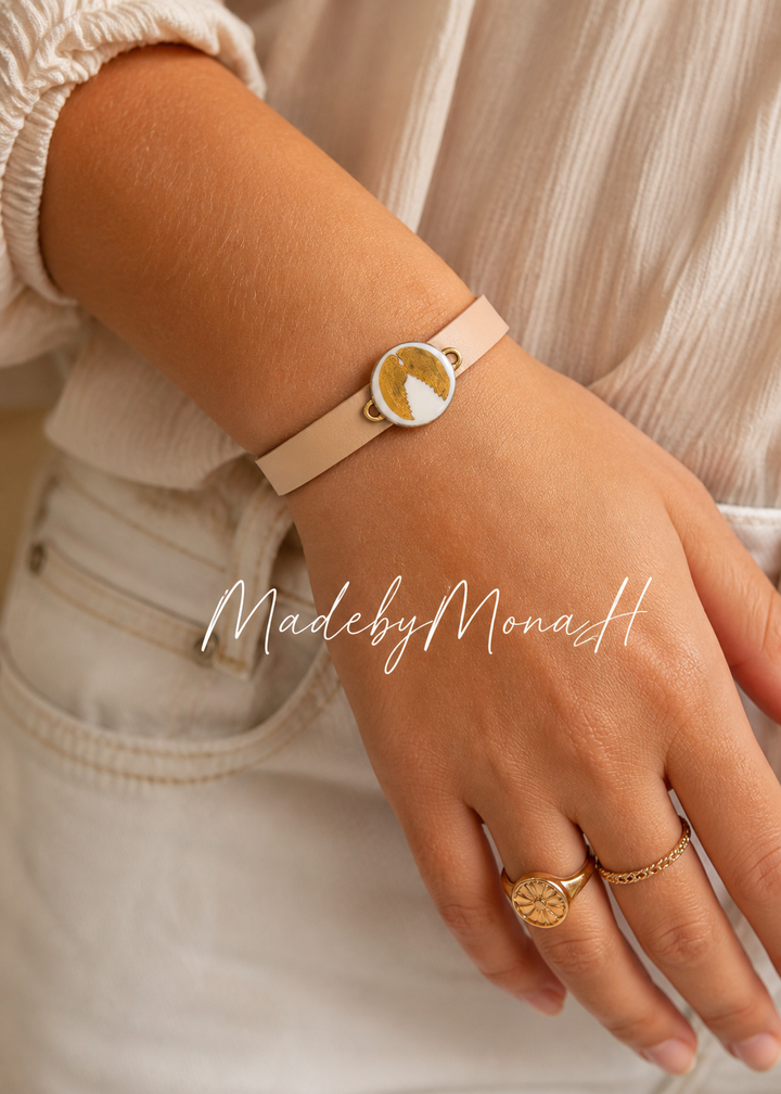 Gold Angel Wings Porcelain Pendant Leather Bracelet