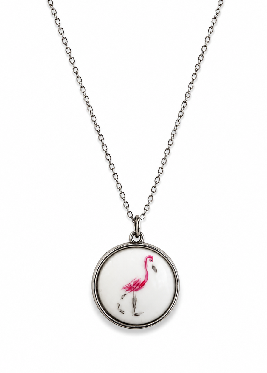 Hand-Painted Pink Flamingo Porcelain Necklace