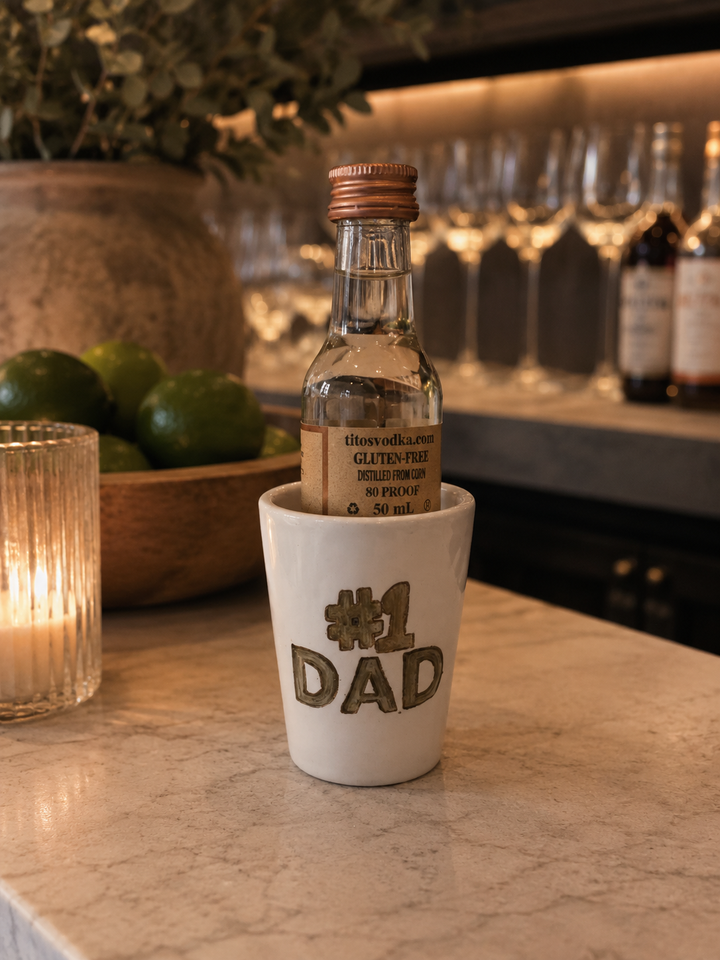 #1 Dad Porcelain Shot Glass Gift Set with Mini Bottle Holder