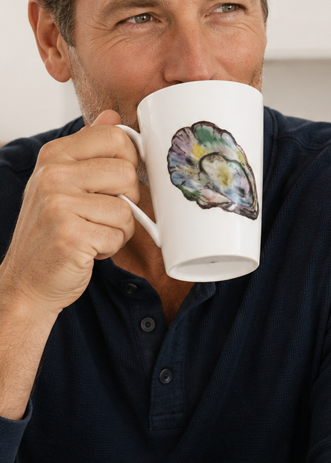 Coastal Hand Painted Oyster Shell Porcelain Coffee Mug