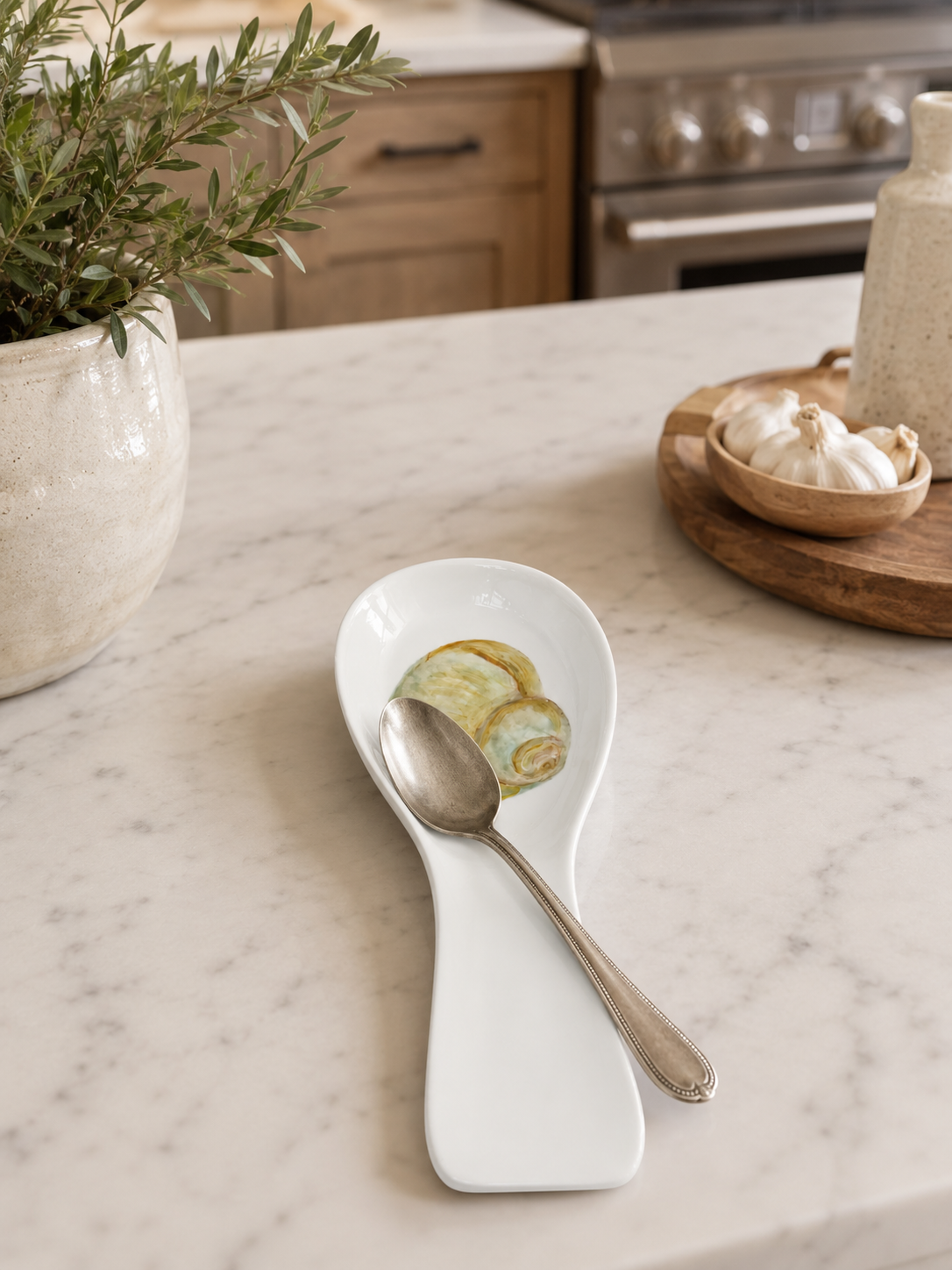 Hand-Painted Seashell Porcelain Spoon Rest – Coastal Kitchen Island Accent