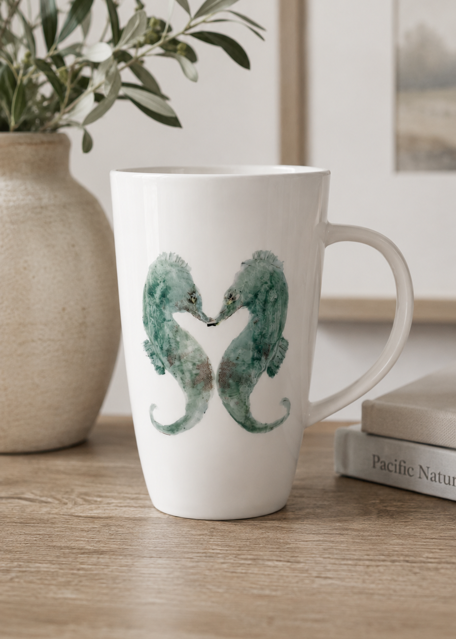 Hand-Painted Seahorse Latte Mug – Coastal Porcelain Coffee Mug