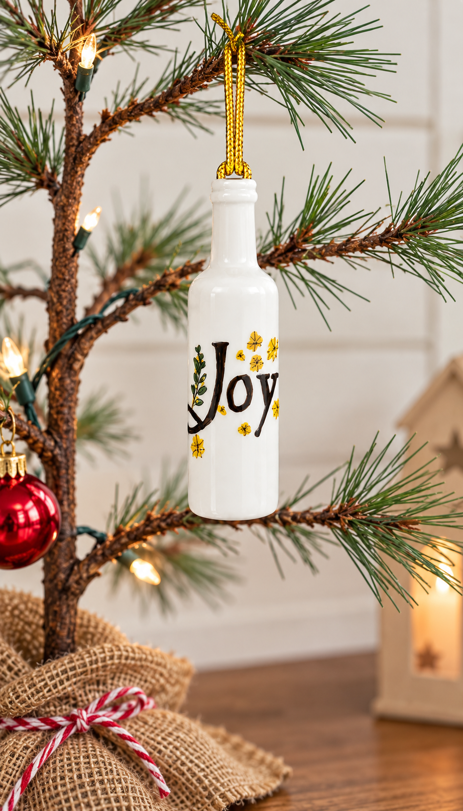 White Porcelain Wine Bottle Ornament – 3.25" Hand-Painted Word Joy