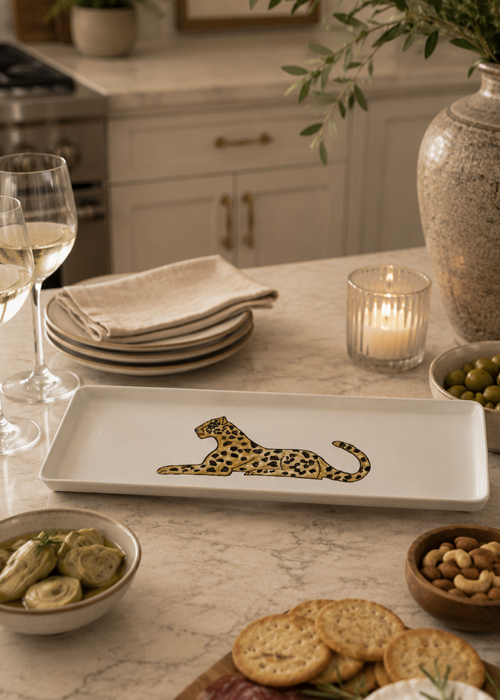 Hand-Painted Jaguar Porcelain Platter | 4.5" x 14.5" Artisan Serving Tray |