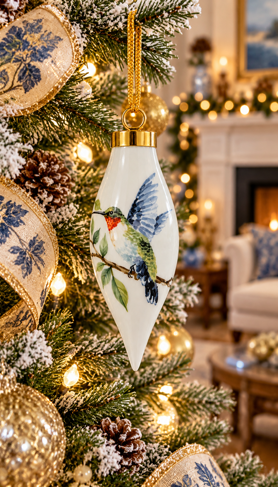 Hand-Painted Hummingbird Porcelain Christmas Ornament