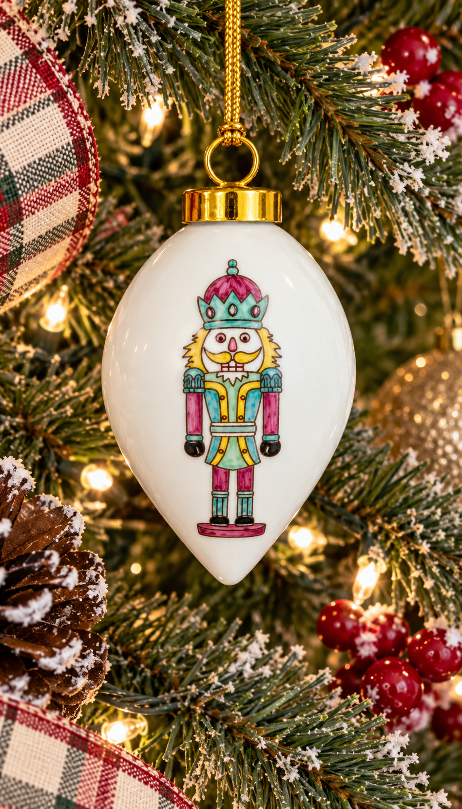 Hand-Painted Pink & Aqua Nutcracker Porcelain Christmas Ornament