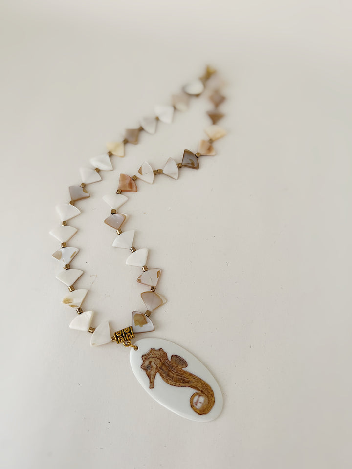 Seahorse Pendant Glass Bead Necklace gold seahorse hand painted