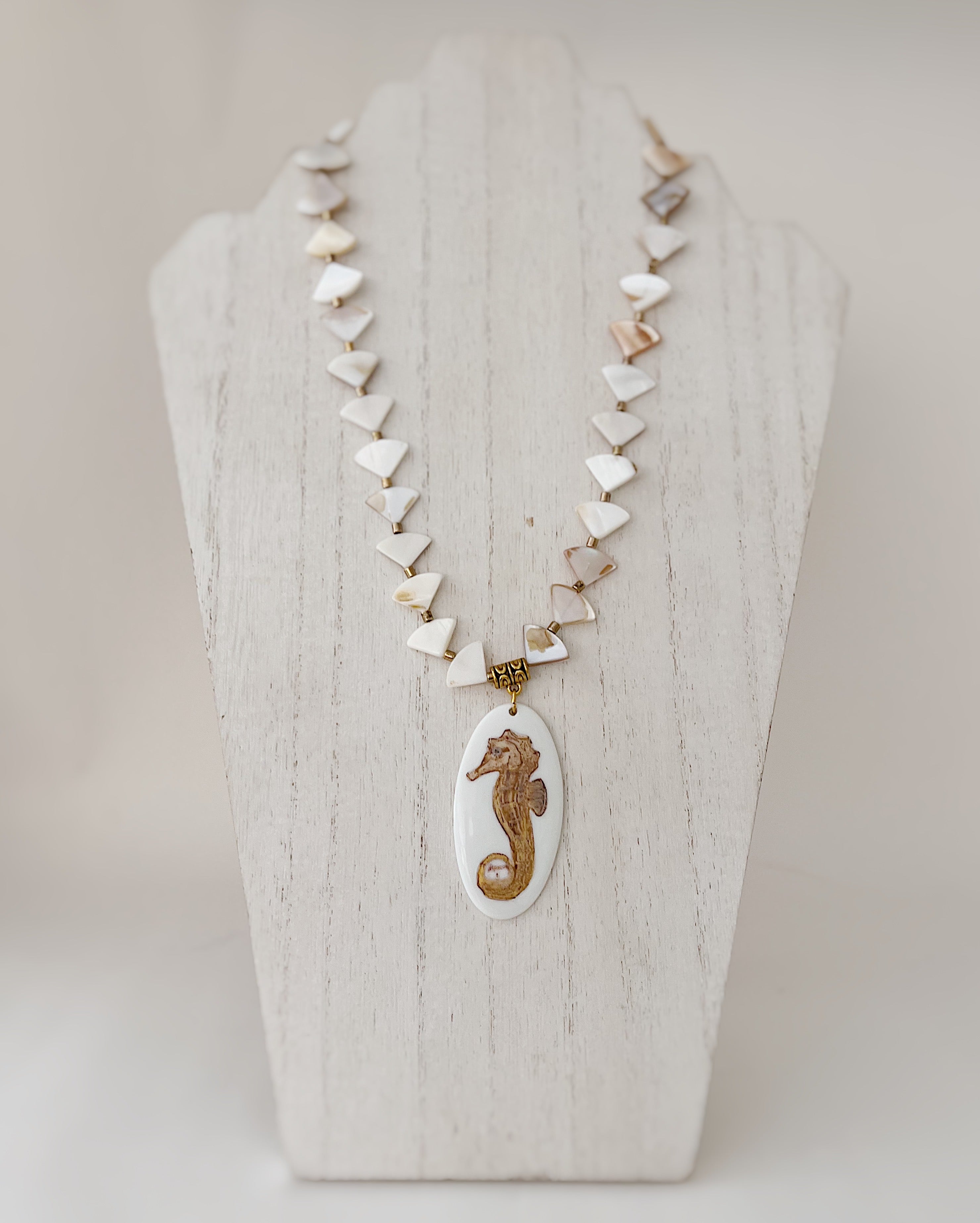 Seahorse Pendant Glass Bead Necklace gold seahorse hand painted