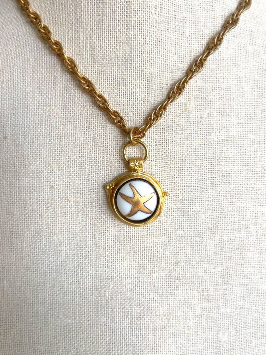 Gift for mom, gold bezel, hand painted gold starfish, gold filled chain, Starfish Necklace