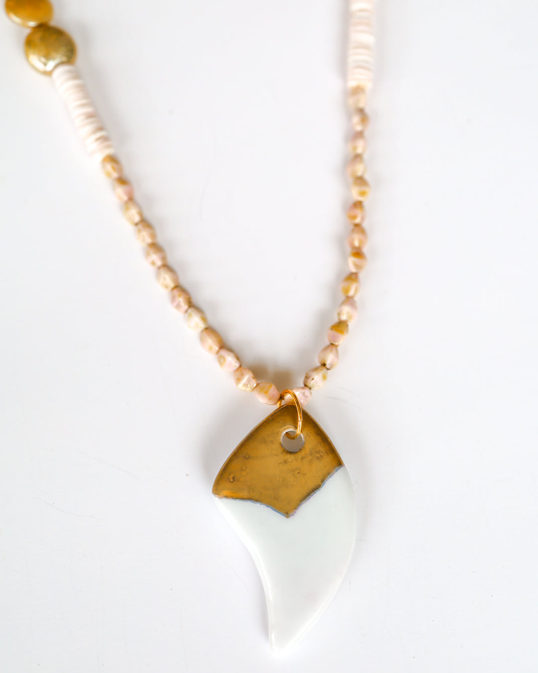 gold and white porcelain pendant, coastal necklace, mixed beaded necklace